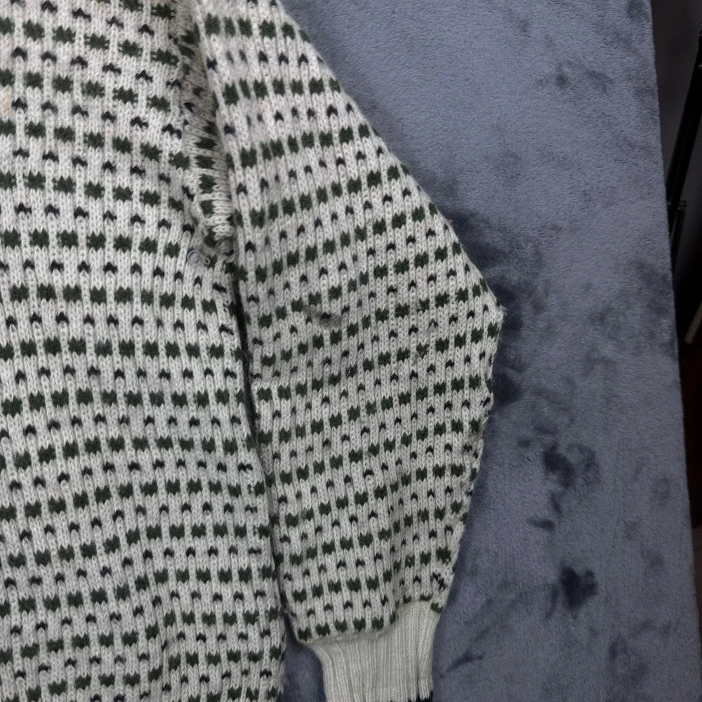 Fathom Sweater Mens L White Green Wool Blend Nordic Knit Crew Neck Vintage